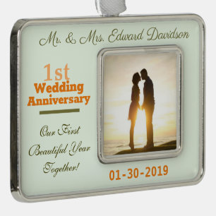 Personalized Couples 1st Wedding Anniversary Silver Plated Framed Ornament