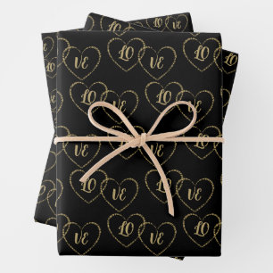 Personalized Couple's Gold and Black Heart Charms Wrapping Paper Sheet