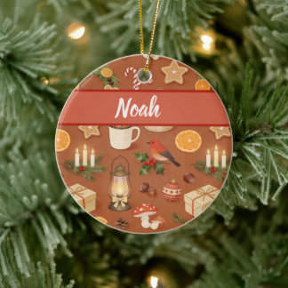 Personalized Cozy Christmas Name Ornament, Rustic  Ceramic Ornament