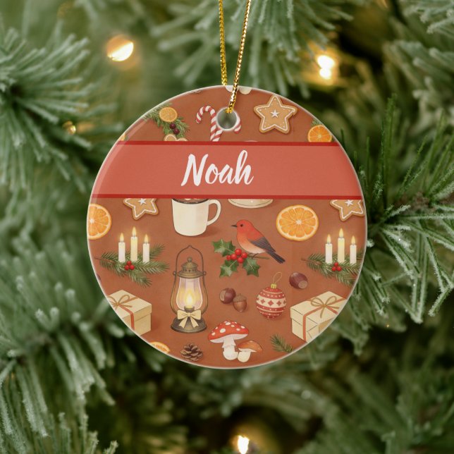 Personalized Cozy Christmas Name Ornament, Rustic  Ceramic Ornament (Tree)