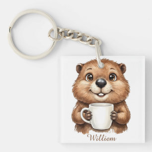 Personalized Cozy Coffee Beaver Woodland Morning Key Ring