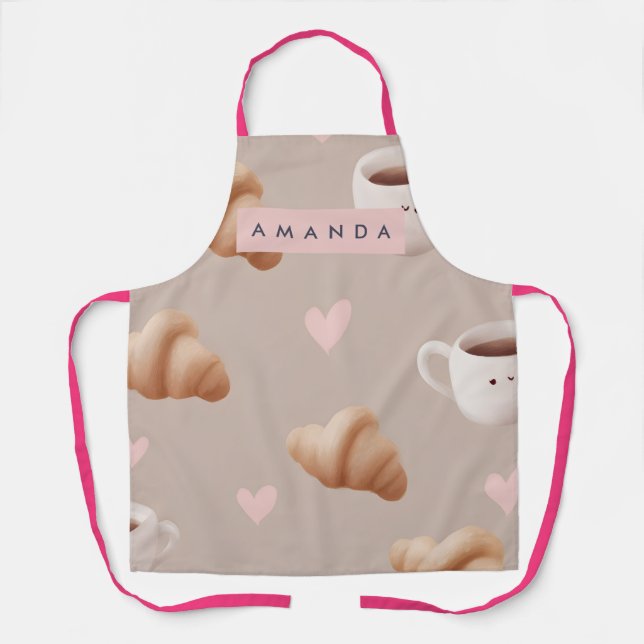 Personalized Cozy Croissant and Coffee Pattern Apr Apron (Front)