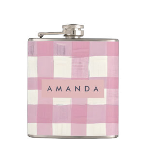 Personalized Cozy Pink Checkered Design Hip Flask
