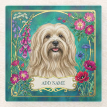 Personalized Cream Lhasa Apso Floral Glass Coaster