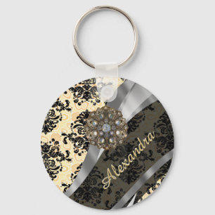 Personalized cream pretty girly damask pattern key ring