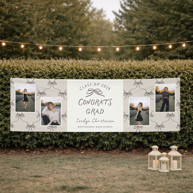 Personalized Cream Taupe Bows 4 Photo Graduation Banner (Creator Uploaded)