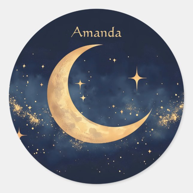 Personalized Crescent Moon and Stars Night Sky Classic Round Sticker (Front)