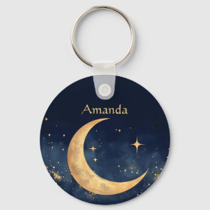 Personalized Crescent Moon and Stars Night Sky Key Ring