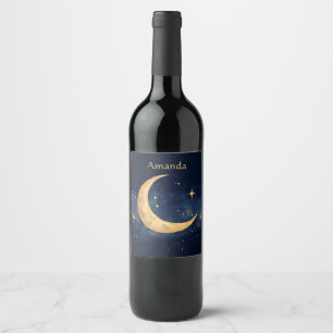 Personalized Crescent Moon and Stars Night Sky Wine Label
