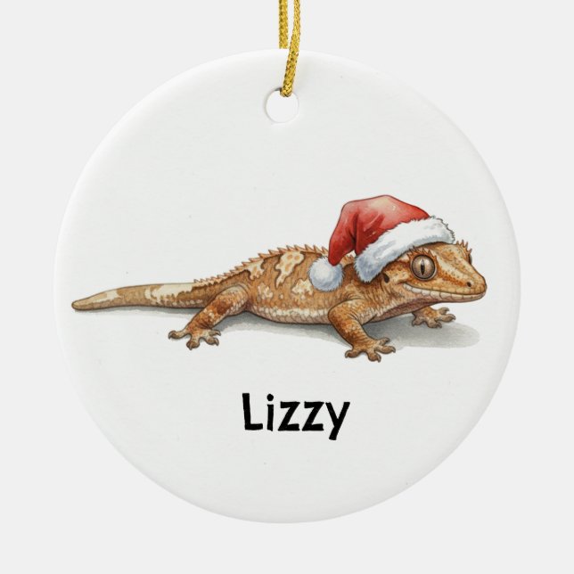 Personalized Crested Gecko at Christmas Ceramic Ornament (Front)
