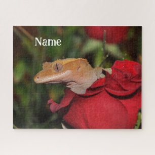 Personalized Crested Gecko Lizard on a Rose Jigsaw Puzzle