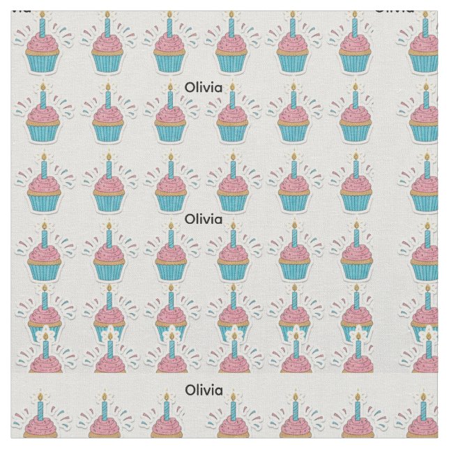 Personalized Cupcake BirthdayCustom Name Pink Blue Fabric (Close Up)
