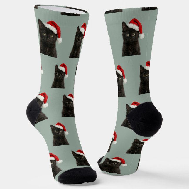 Personalized Custom Black Kitty Cat Christmas  Socks (Angled)