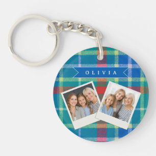 Personalized Custom Blue Plaid Preppy Style Key Ring