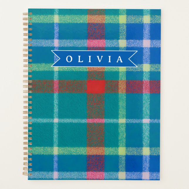 Personalized Custom Blue Plaid Preppy Style Planner (Front)