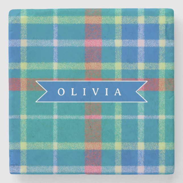 Personalized Custom Blue Plaid Preppy Style Stone Coaster (Front)
