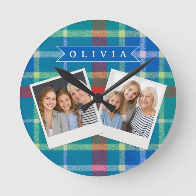 Personalized Custom Classic Blue Plaid Preppy  Round Clock (Front)