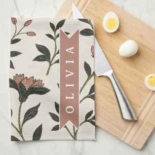 Personalized Custom Elegant Neutral Vintage Floral Tea Towel