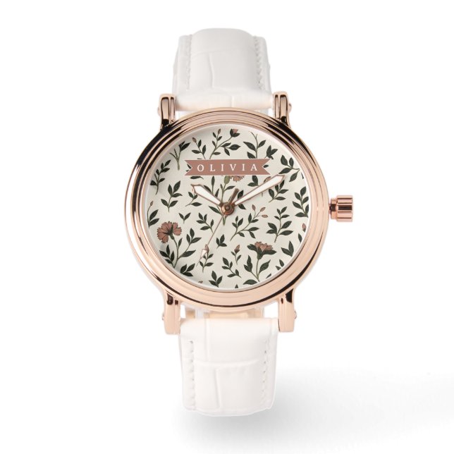 Personalized Custom Elegant Neutral Vintage Floral Watch (Front)