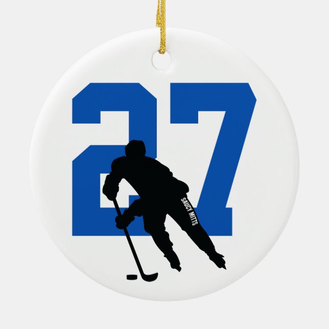 Personalized Custom Hockey Player Number Blue Ceramic Ornament (Back)