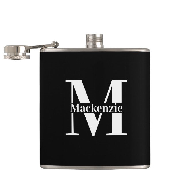 Personalized Custom Made Monogrammed Black Hip Flask (Opened)