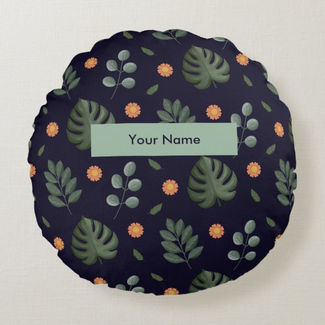 Personalized Custom Name Navy Botanical Round Cushion (Front)