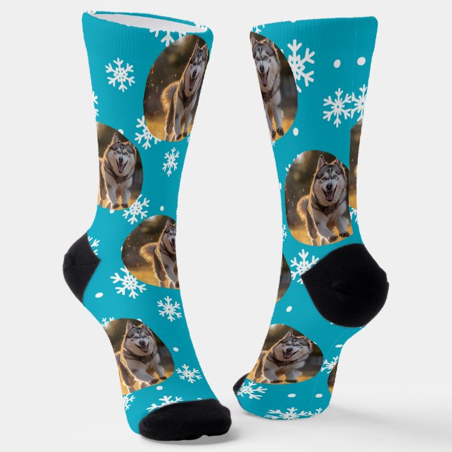 Personalized Custom Photo Blob - Snowflake Husky  Socks (Angled)