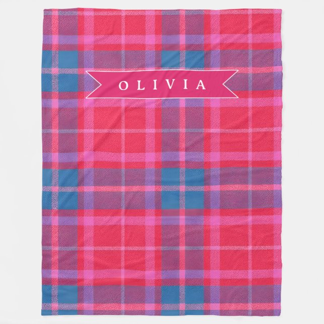 Personalized Custom Pink Fuchsia Plaid Preppy  Fleece Blanket (Front)