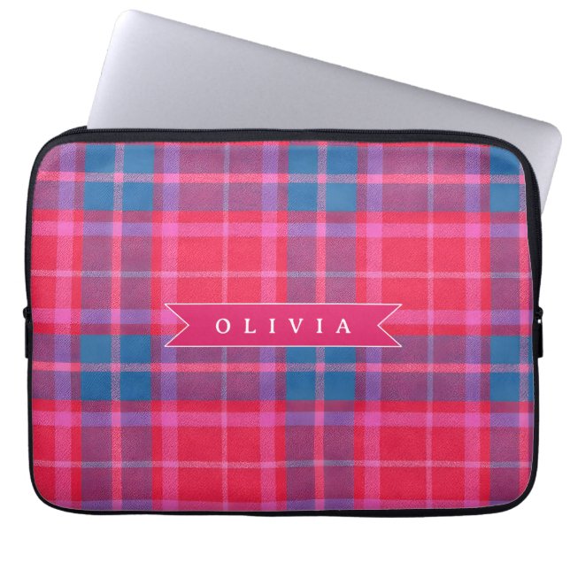 Personalized Custom Pink Fuchsia Plaid Preppy  Laptop Sleeve (Front)