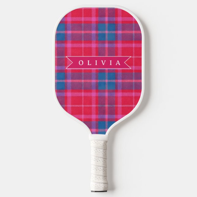 Personalized Custom Pink Fuchsia Plaid Preppy  Pickleball Paddle (Front)