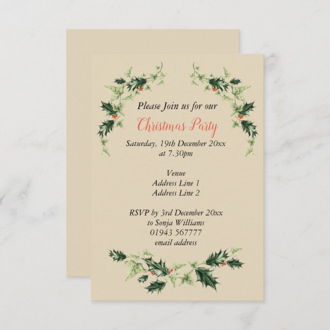 Personalized, Customizable Holly and Ivy Christmas Invitation (Front/Back)