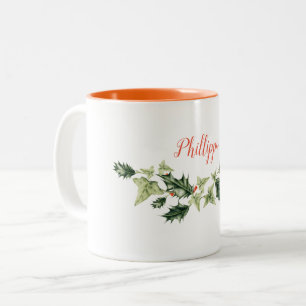 Personalized, Customizable Holly and Ivy Christmas Two-Tone Coffee Mug