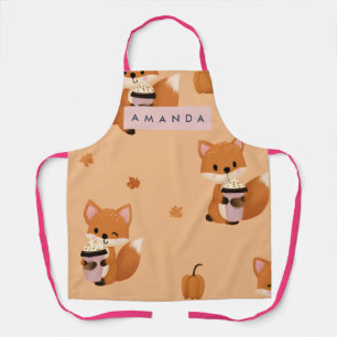Personalized Cute Autumn Fox with Coffee Pattern Apron