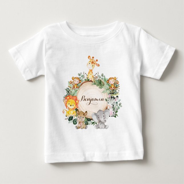 Personalized Cute Baby Jungle Safari Animals Baby T-Shirt (Front)