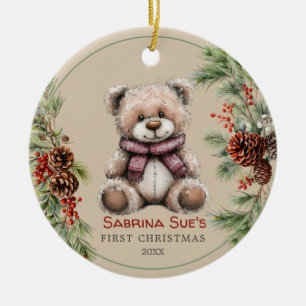 Personalized Cute Bear Baby's First Christmas Ceramic Ornament