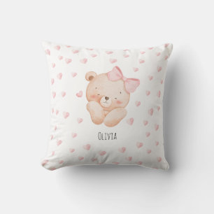 Personalized Cute Bear with pink Hearts Cushion