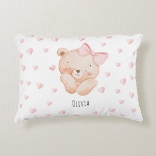 Personalized Cute Bear with pink Hearts Decorative Cushion