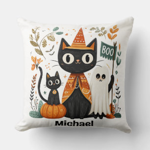 Personalized Cute Black Cat & Ghost Halloween Cushion