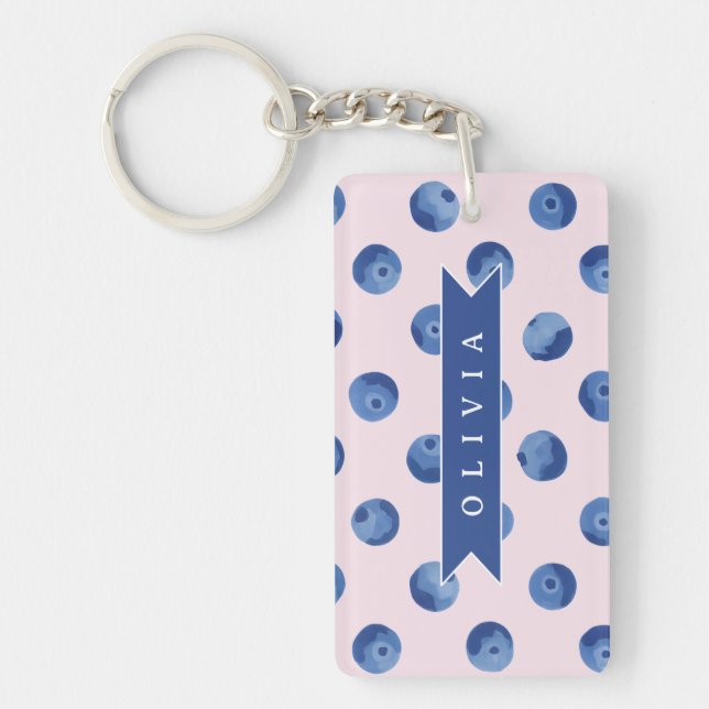 Personalized Cute Blueberry Watercolor Gift Name Key Ring (Front)