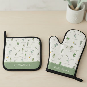 Personalized Cute Botanical Oven Mitt & Pot Holder Set