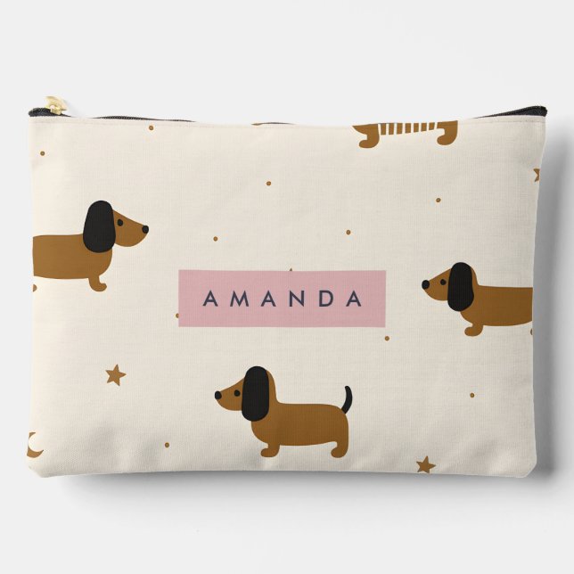 Personalized Cute Brown Dachshund Puppy Accessory Pouch (Front)