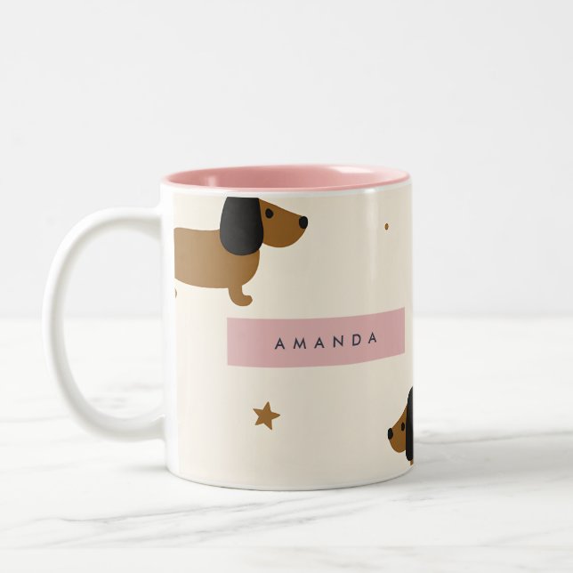 Personalized Cute Brown Dachshund Puppy Two-Tone Coffee Mug (Left)