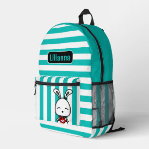 Personalized Cute Bunny Turquoise Stripped Printed Backpack