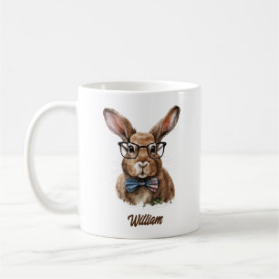 Personalized cute bunny with glasses watercolor coffee mug