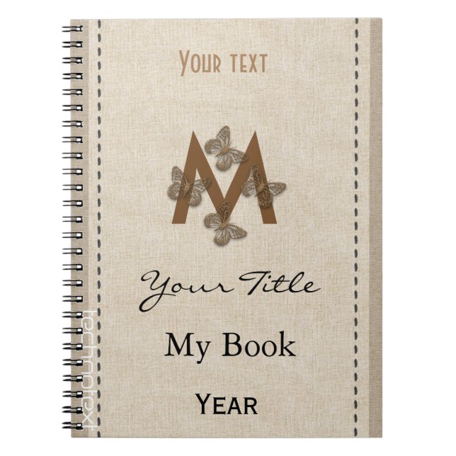 Personalized Cute Butterflies Monogram Linen Look Notebook (Front)