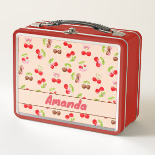 Personalized Cute Cherry Dessert Pattern Name  Metal Lunch Box
