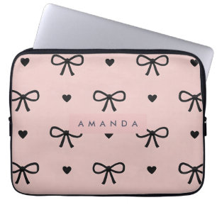 Personalized Cute Chic Pink Bow & Heart Pattern Laptop Sleeve