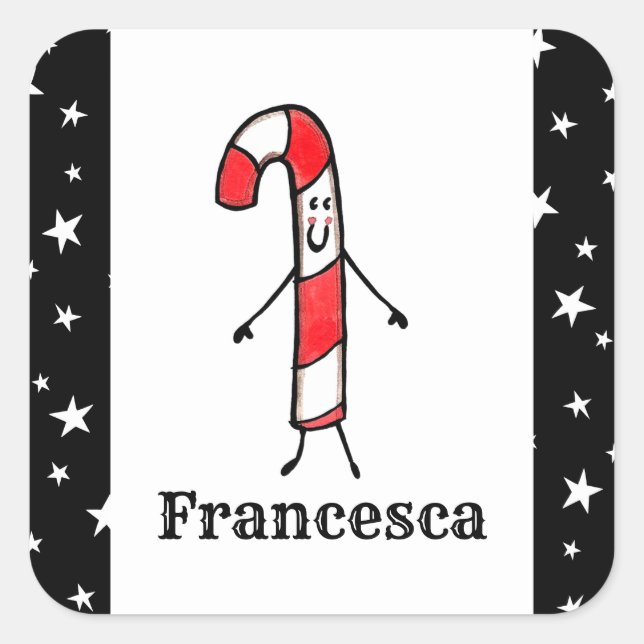 Personalized Cute Christmas Candy Cane Square Stic Sticker (Front)