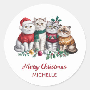 Personalized Cute Christmas Cat Cats Holiday Classic Round Sticker