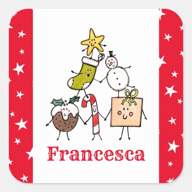 Personalized Cute Christmas Characters Square Sticker (Front)